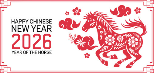 2026 happy Chinese New Year, year of the horse vector, floral papercut horse, zodiac symbol, festive greeting card, prosperity, luck