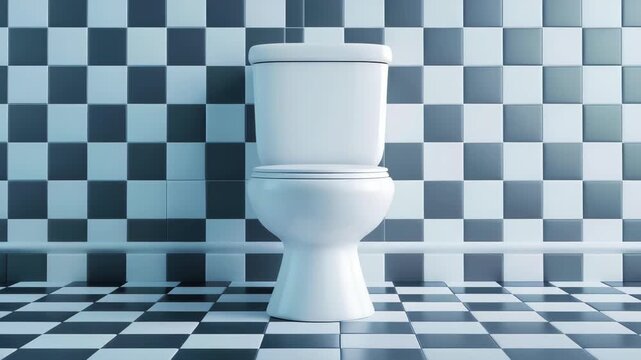 Toilet in Checkerboard Room: An isolated close-up image showcases a pristine white toilet set against a tiled wall and floor, both patterned in a bold black and white checkerboard design.