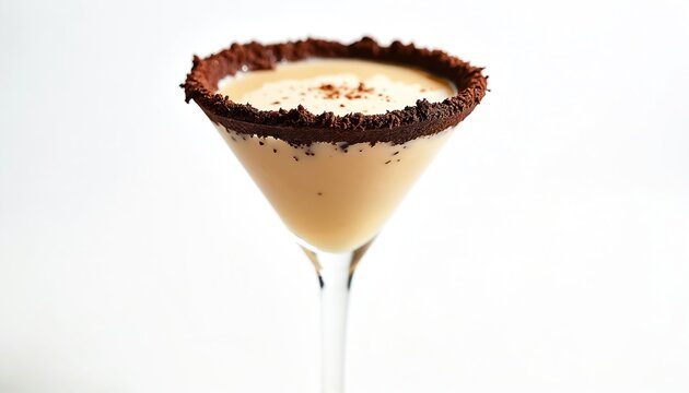 Close up shot presents a creamy cocktail in martini glass. It features chocolate rim and rich filling. Dessert beverage isolated on white. Food presentation idea for restaurant menu or recipe book.