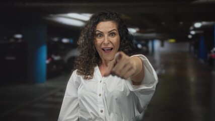 Young hispanic woman pointing finger forward in indoor parking building with cars behind her; confidence.