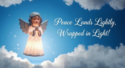 Glowing angel figurine praying for peace. Spiritual symbol of hope and faith in cloudy sky. Christmas holiday decoration with inspirational message