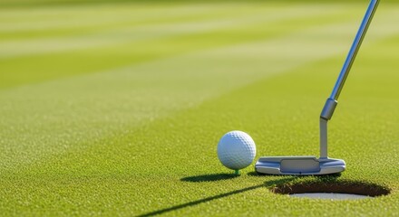 Close-up of golf putter and ball near hole on pristine green