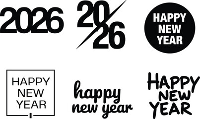 Minimalist Happy New Year 2026 Label Vector Set, Modern Typography Logo Collection, Black White Greeting Templates, Editable Sticker Pack