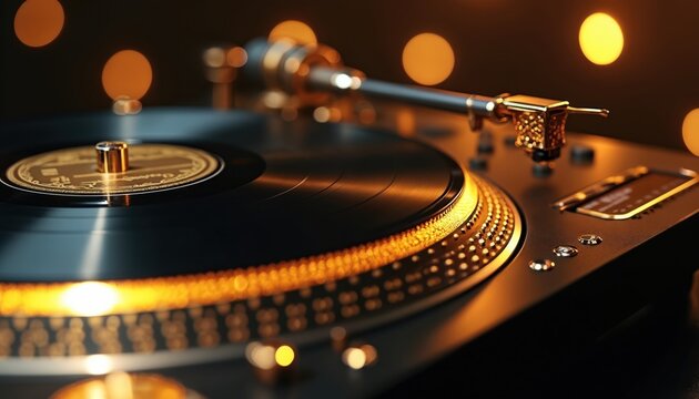 Stylish gold, black turntable plays great music. Vinyl record spins on deck. Elegant audio equipment creates warm sound. Tech device perfect for DJs audiophiles music lovers home entertainment.