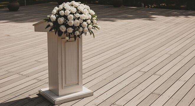 Elegant floral arrangement on wooden podium, outdoors for a special event