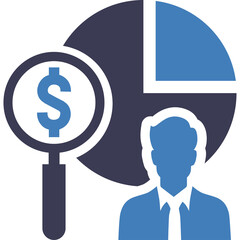 Financial Analysis Concept Represented By A Magnifying Glass Over A Dollar Sign And A Pie Chart With A Business Man In Blue And Dark Blue Colors
