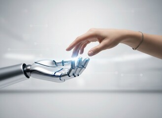 Human hand gently reaching out to a silver robotic hand with glowing blue circuits, symbolizing AI connection and collaboration on a minimalist white background