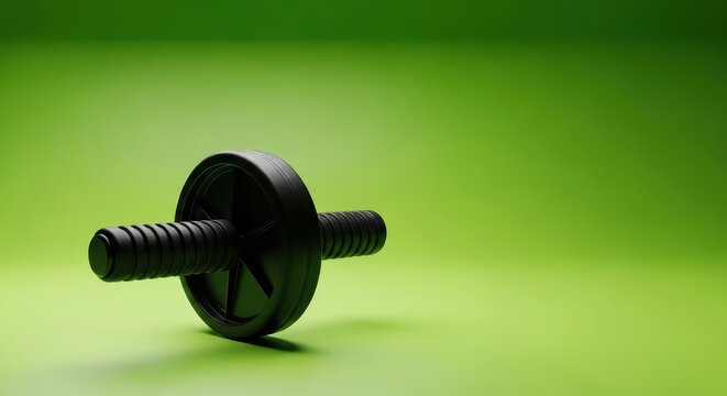 Black ab wheel on vibrant green background for fitness and core strength workouts