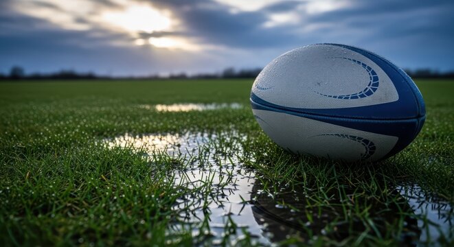 Rugby ball resting on wet grass field under dramatic sky at sunset - Powered by Adobe