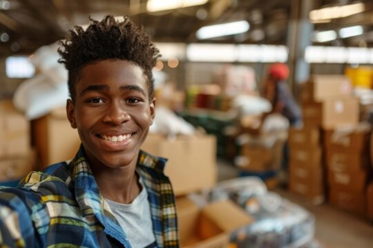 Teen boy smiling happily in a warehouse environment