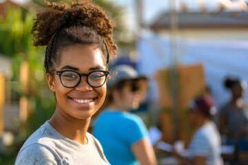Young woman smiling happily at a community event outdoors