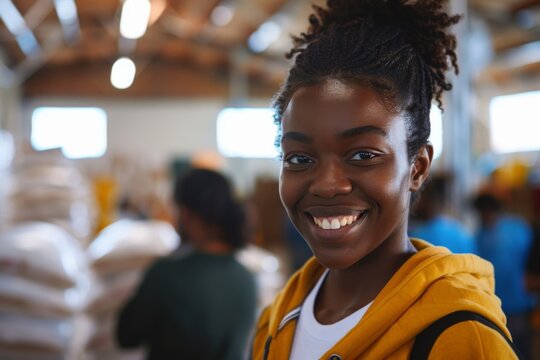 Young girl smiling happily in a warehouse environment
