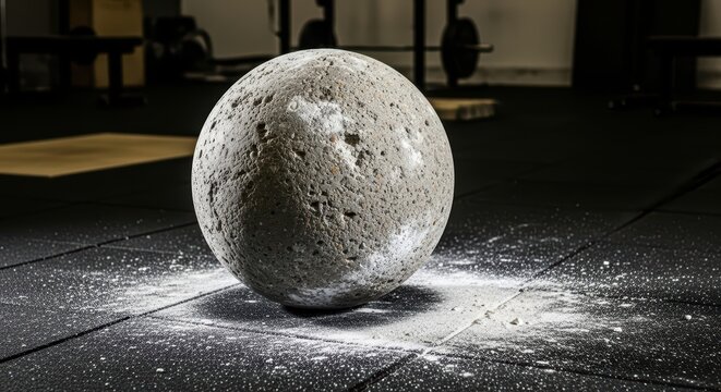 Concrete atlas stone on gym floor with chalk dust