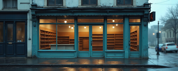 Empty shop stands closed at street. Interior illuminated but bare shelves tell story. Rain reflects on pavement. This scene evokes economic hardship in city center. Empty space signifies closure.