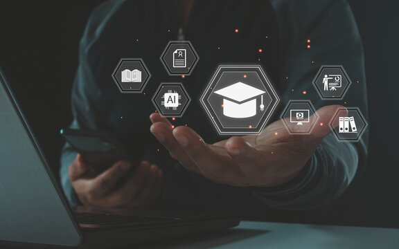 Businessman interacting with a digital education and e-learning Network, featuring a glowing graduation cap icon and various online learning tools and resources.