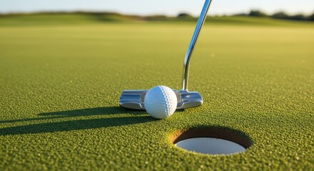 Golf ball and putter near hole on sunny golf course