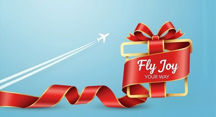 Fly Joy Your Way travel promotion concept. Airplane with contrails turning into a gift ribbon. Holiday vacation special offer for airline tickets.
