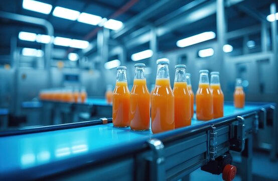 Orange juice bottles move on automated conveyor belt. Bottling line works in modern factory. Production equipment fills container, automated machinery drinks manufacture, package juice. Food