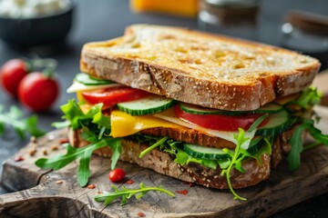 Delicious sandwich with fresh vegetables on a wooden board