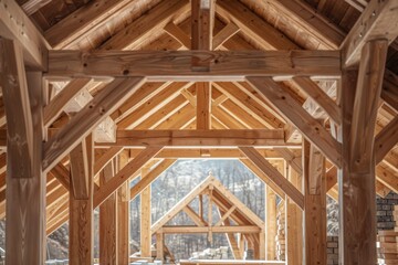 Fototapeta premium Wooden beams in a spacious construction site