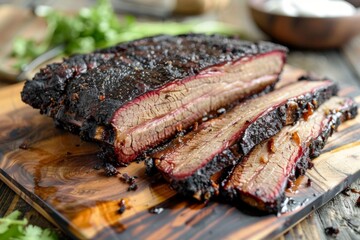 Deliciously smoked brisket on a wooden cutting board