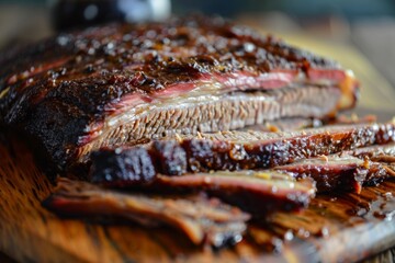 Deliciously smoked brisket on a wooden cutting board