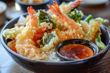 Delicious shrimp tempura bowl with rice and sauce