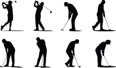 Golf player silhouettes set, male golfer swing and putting poses, black sport vector illustration on white background, isolated collection