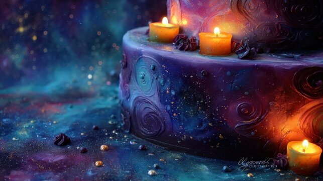Cosmic Galaxy Cake with Glowing Candles