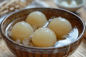Delicious dessert balls in a bowl with sweet syrup