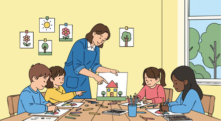 Kindergarten Teacher Assisting a Diverse Group of Young Students Engaged in a Creative Drawing and Art Activity in the Classroom.