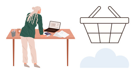 Woman leaning over desk with laptop, papers, and books, brainstorming or analyzing e-commerce concepts. Ideal for business, online shopping, entrepreneurship, digital strategy, organization remote