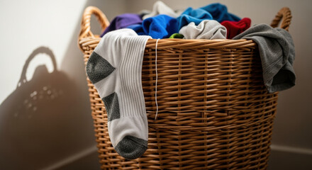 Single sock hanging from laundry basket filled with colorful clothes, including vibrant shirts and various fabrics.