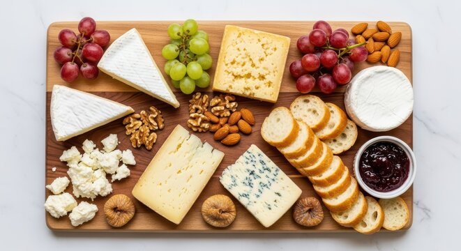 Assorted cheese and fruit platter with nuts and bread on wooden board