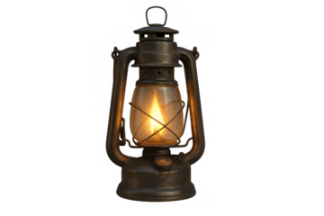 Vintage oil lantern illuminating with a warm flame, providing light and a rustic antique ambiance, transparent background