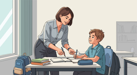 Female Teacher Providing Individual Assistance and Guidance to a Male Student Working on a Task at His Desk in the Classroom.