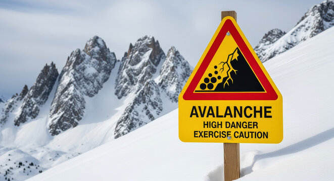 Avalanche warning sign at high danger level in snowy mountain landscape. Caution sign indicates avalanche risk with snow-capped peaks in background.