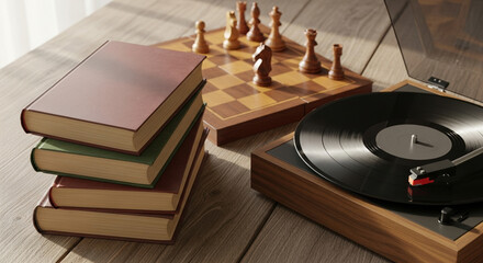 Cozy offline leisure scene with vinyl records, stacked books, and chessboard on wooden table. Concept for International Internet-Free Day