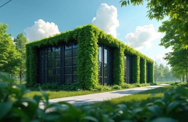 Eco-friendly data center surrounded by green plants. Sustainable tech building with vertical garden design. Modern architecture promotes green energy. Environmentally conscious infrastructure blends