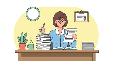 Happy Female Teacher or Professor Grading Papers and Managing Administrative Work at a Desk Piled High with Documents.