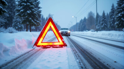 Bright emergency warning triangle on snowy road with car in winter forest, representing road safety and caution during hazardous weather conditions