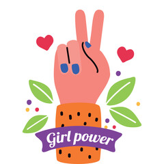 Feminist Empowerment Symbol Hand Gesture With Peace Sign And Girl Power Slogan In Pink Orange Purple And Green Tones