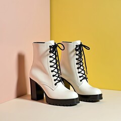 New pair of white women combat boots with black laces chunky soles stand in bright studio. Modern female high heels fashion footwear autumn winter season. Elegant shoe style accessory on beige pink