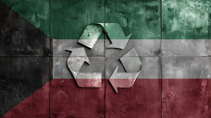 Kuwait flag overlays a textured background, with a faded recycling symbol at its center. The image blends national pride with environmental awareness in a muted, symbolic style.  