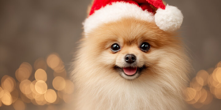pomeranian orange sable, santa hat, smiling puffball portrait, sparkly gold background - Powered by Adobe