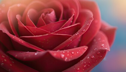 Close Up Macro Shot Of A Vibrant Red Rose Covered In Dew Drops With Soft Golden Sunlight And A Blurry Blue Background