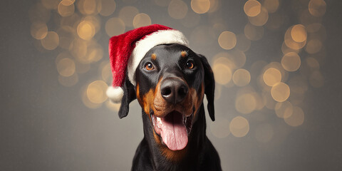doberman black and rust, santa hat, airy gray background with scattered lights, tongue out