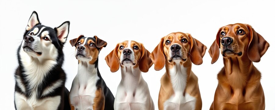 Five different dog breeds look upwards against a white background. These domestic animals are diverse in appearance. Pets with various fur colors sit in a studio setting. Dogs stand in a row.