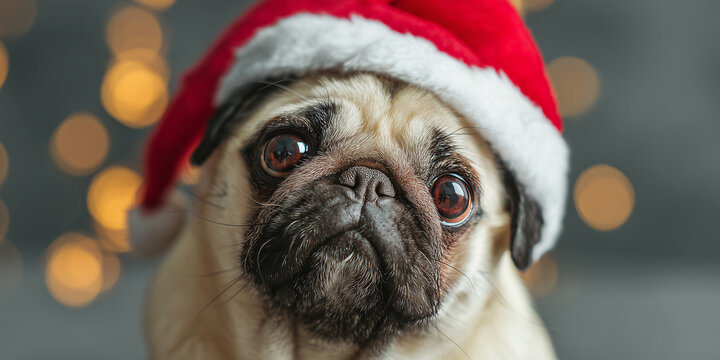 pug fawn with dark muzzle, santa hat, thoughtful close headshot, soft gray bokeh