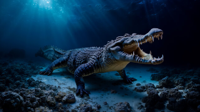 A crocodile with its mouth open showing its teeth in an underwater environment